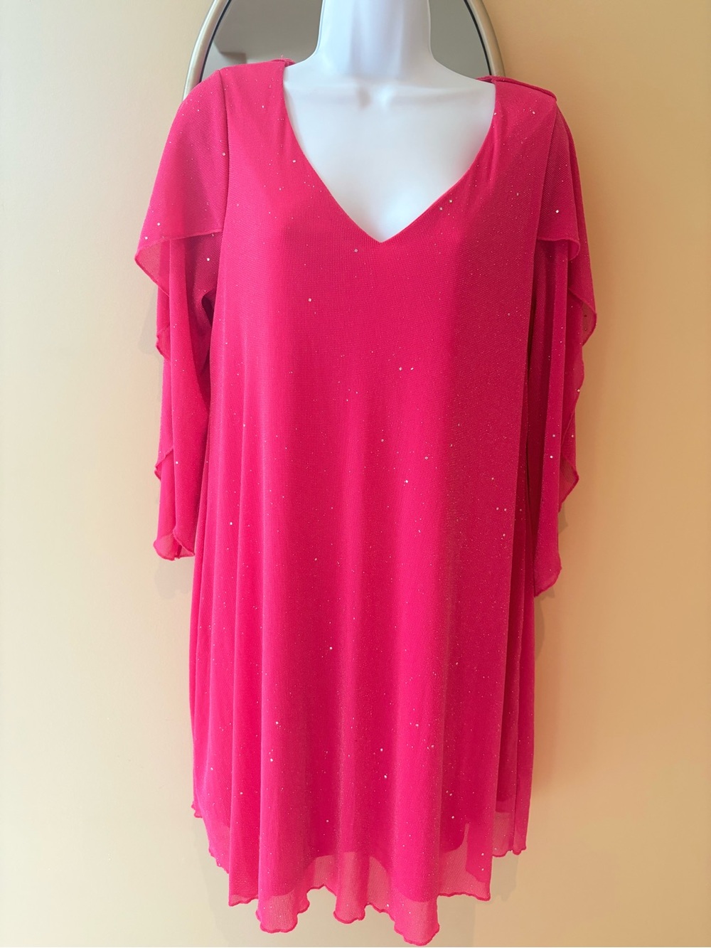 Vintage Hot Pink V-Neck Midi Dress Ethereal Silver Sparkle 💖 Mesh Size Large